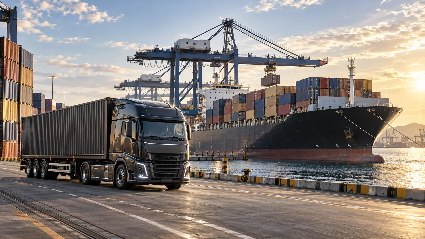 Carreta porta-contêineres ao lado de navio cargueiro em terminal portuário, representando a integração rodoviária e marítima